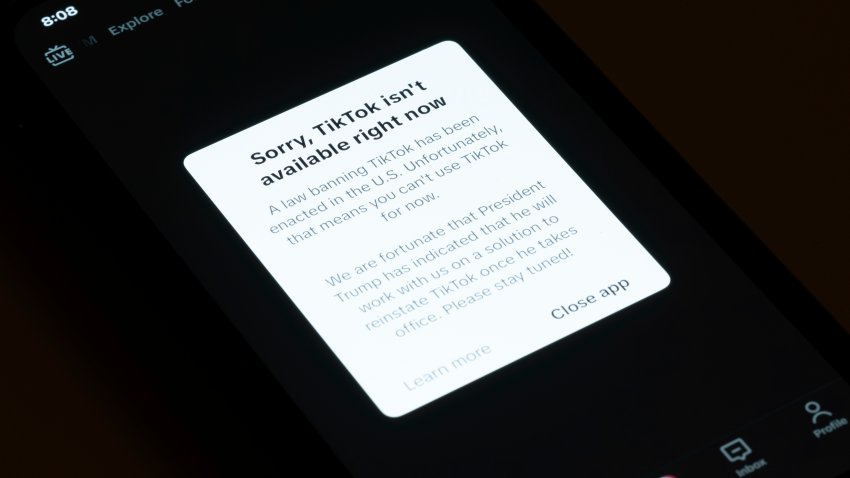 A message reading “Sorry, TikTok isn’t available right now” is displayed from the TikTok app on a cell phone screen on Saturday, Jan. 18, 2025, in Los Angeles. (AP Photo/Andy Bao)