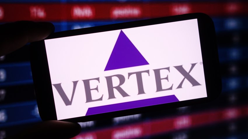 In this photo illustration, the Vertex Pharmaceuticals company logo