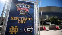 NEW ORLEANS, LOUISIANA - JANUARY 01: A sign for the Allstate Sugar Bowl between Georgia and Notre Dame is seen outside the Louisiana Superdome after at least ten people were killed on Bourbon Street when a person allegedly drove into a crowd in the early morning hours of New Year's Day on January 1, 2025 in New Orleans, Louisiana. Dozens more were injured after a suspect in a rented pickup truck allegedly drove around barricades and through a crowd of New Year's revelers on Bourbon Street. The suspect then got out of the car, opened fire on police officers, and was subsequently killed by law enforcement.   (Photo by Chris Graythen/Getty Images)