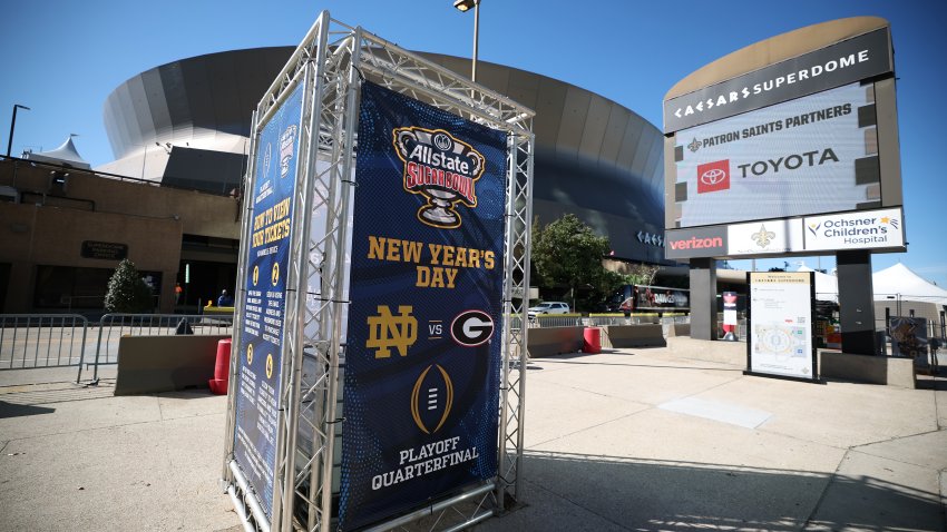 NEW ORLEANS, LOUISIANA – JANUARY 01: A sign for the Allstate Sugar Bowl between Georgia and Notre Dame is seen outside the Louisiana Superdome after at least ten people were killed on Bourbon Street when a person allegedly drove into a crowd in the early morning hours of New Year’s Day on January 1, 2025 in New Orleans, Louisiana. Dozens more were injured after a suspect in a rented pickup truck allegedly drove around barricades and through a crowd of New Year’s revelers on Bourbon Street. The suspect then got out of the car, opened fire on police officers, and was subsequently killed by law enforcement.   (Photo by Chris Graythen/Getty Images)