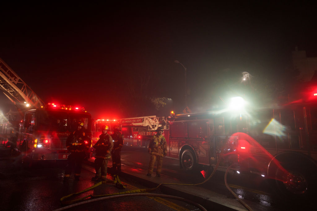 Firefighters stage during the Palisades Fire on Jan. 7, 2025 in the Pacific Palisades.