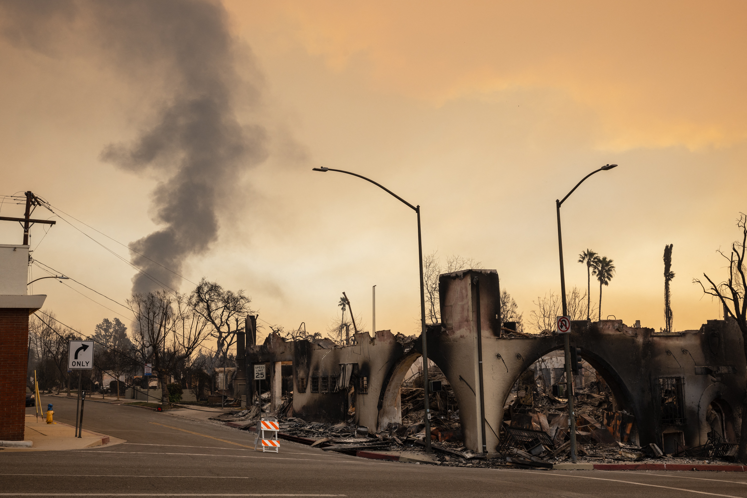 Businesses along Lake Avenue destroyed by the Eaton Fire in Altadena, California, on January 9, 2025.