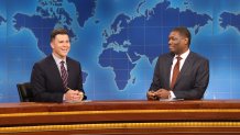 SATURDAY NIGHT LIVE -- Episode 1875 -- Pictured: (l-r) Anchor Colin Jost and anchor Michael Che during Weekend Update on Saturday, January 18, 2025 -- (Photo by: Will Heath/NBC via Getty Images)