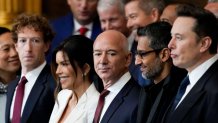 Mark Zuckerberg, chief executive officer of Meta Platforms Inc., from left, Jeff Bezos, founder of Amazon.com Inc., Sundar Pichai, chief executive officer of Alphabet Inc., and Elon Musk, chief executive officer of Tesla Inc., during the 60th presidential inauguration in the rotunda of the US Capitol in Washington, DC, US, on Monday, Jan. 20, 2025. Donald Trump's Monday swearing-in marks just the second time in US history that a president lost the office and managed to return to power - a comeback cementing his place within the Republican Party as an enduring, transformational figure rather than a one-term aberration. Photographer: Julia Demaree Nikhinson/AP Photo/Bloomberg via Getty Images