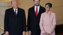 US President Donald Trump, from left, Vice President JD Vance, and Second Lady Usha Chilukuri Vance during the 60th presidential inauguration in Emancipation Hall of the US Capitol in Washington, DC, US, on Monday, Jan. 20, 2025. President Donald Trump launched his second term with a strident inaugural address that vowed to prioritize Americas interests with a "golden age" for the country, while taking on "a radical and corrupt establishment." Photographer: Bonnie Cash/UPI/Bloomberg via Getty Images