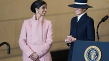 US First Lady Melania Trump, right, and US Second Lady Usha Vance during the 60th presidential inauguration in Emancipation Hall of the US Capitol in Washington, DC, US, on Monday, Jan. 20, 2025. President Donald Trump launched his second term with a strident inaugural address that vowed to prioritize Americas interests with a "golden age" for the country, while taking on "a radical and corrupt establishment." Photographer: Angelina Katsanis/Politico/Bloomberg via Getty Images