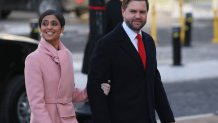 WASHINGTON, DC - JANUARY 20:  Usha Vance and Vice President-elect, U.S. Sen. J.D. Vance (R-OH) arrive for service at St. John's Church as part of Inauguration ceremonies on January 20, 2025 in Washington, DC. Donald Trump takes office for his second term as the 47th president of the United States. (Photo by Scott Olson/Getty Images)