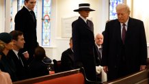 WASHINGTON, DC - JANUARY 20: Baron Trump, Melania Trump and U.S. President-elect Donald Trump arrive for services at St. John's Church as part of Inauguration ceremonies on January 20, 2025 in Washington, DC. Donald Trump takes office for his second term as the 47th president of the United States. (Photo by Anna Moneymaker/Getty Images)