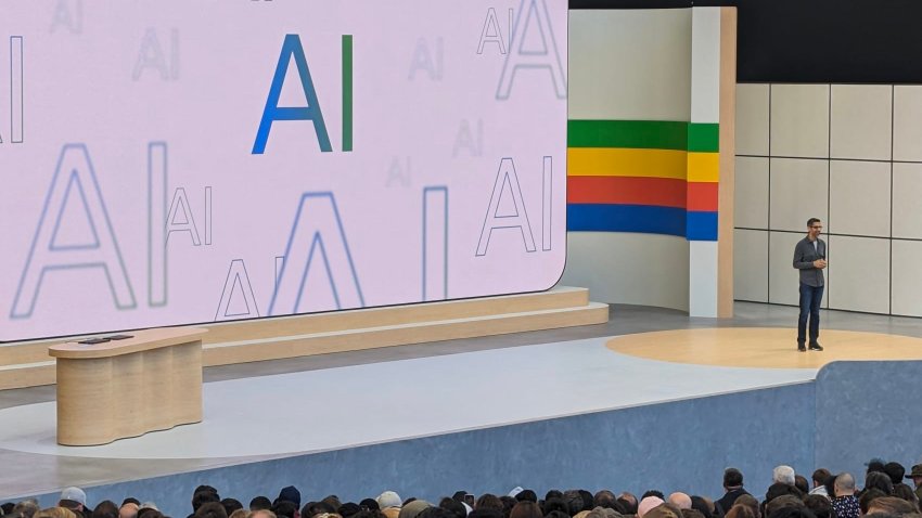 Google chief executive Sundar Pichai speaks during the tech titan’s annual I/O developers conference on May 14, 2024, in Mountain View, California. 