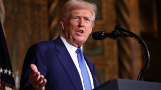 U.S. President Donald Trump speaks at Mar-a-Lago in Palm Beach, Florida, U.S., Feb. 18, 2025. 