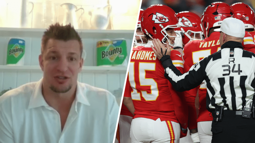 Split image of Rob Gronkowski and Patrick Mahomes with a referee