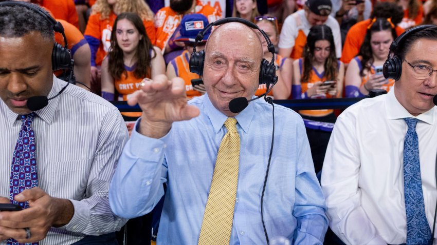 Dick Vitale gives a wave during the second half of an NCAA college basketball game on Saturday, Feb. 8, 2025, in Clemson, S.C.