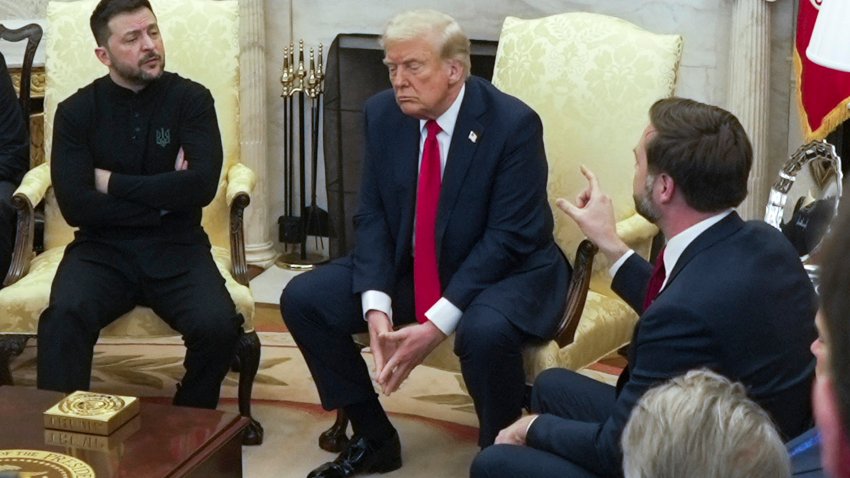 Vice President JD Vance, right, speaks with Ukrainian President Volodymyr Zelenskyy, left, as President Donald Trump listens in the Oval Office at the White House, Friday, Feb. 28, 2025, in Washington.