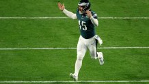 Rick Lovato #45 of the Philadelphia Eagles reacts during the second quarter against the Kansas City Chiefs in Super Bowl LVII at State Farm Stadium on February 12, 2023 in Glendale, Arizona.