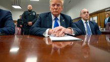 Former US President Donald Trump, center, and Emil Bove, attorney for former US President Donald Trump, right, at Manhattan criminal court in New York, US, on Thursday, May 30, 2024. The New York jury in Donald Trump's hush money case has begun deliberations, setting the stage for a historic verdict that could impact the former president's campaign to return to the White House. Photographer: Steven Hirsch/New York Post/Bloomberg via Getty Images