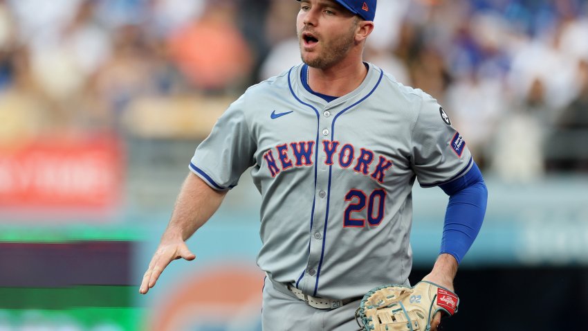 LOS ANGELES, CALIFORNIA – OCTOBER 20:  Pete Alonso #20 of the New York Mets reacts after catching a pop fly in foul territory to end the 1st inning during Game Six of the National League Championship Series against the Los Angeles Dodgers at Dodger Stadium on October 20, 2024 in Los Angeles, California. (Photo by Harry How/Getty Images)