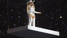 HOUSTON, TEXAS - DECEMBER 25: Beyoncé performs during the halftime show for the game between the Baltimore Ravens and the Houston Texans at NRG Stadium on December 25, 2024 in Houston, Texas. (Photo by Alex Slitz/Getty Images)