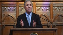 Gov. Ned Lamont delivers his annual State of the State address during the opening day of the Connecticut General Assembly, at the State Capitol in Hartford, Conn. Jan. 8, 2025. (Photo by Ned Gerard/San Francisco Chronicle via Getty Images)