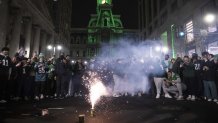 Philadelphia Eagles fans take to the streets to celebrate after the Philadelphia Eagles' Super Bowl victory in Philadelphia, Pennsylvania, United States on February 09, 2025. The Philadelphia Eagles defeated the Kansas City Chiefs 40-22 at the Caesar's Superdome. (Photo by Mostafa Bassim/Anadolu via Getty Images)