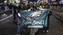 Philadelphia Eagles fans take to the streets to celebrate after the Philadelphia Eagles' Super Bowl victory in Philadelphia, Pennsylvania, United States on February 09, 2025. The Philadelphia Eagles defeated the Kansas City Chiefs 40-22 at the Caesar's Superdome. (Photo by Mostafa Bassim/Anadolu via Getty Images)