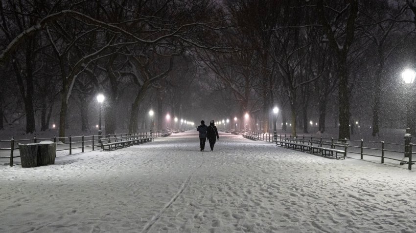 NEW YORK, NEW YORK – FEBRUARY 08: People walk through The Mall as snow falls in Central Park at night on February 08, 2025 in New York City. (Photo by Craig T Fruchtman/Getty Images)