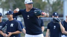 TAMPA, FL - FEBRUARY 12: New York Yankees Pitcher Devin Williams (38) throws over to first base during the spring training workout on February 12, 2025 at George M. Steinbrenner Field in Tampa, FL. (Photo by Cliff Welch/Icon Sportswire via Getty Images)