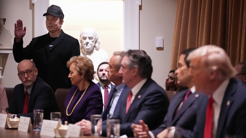 Elon Musk delivers remarks during a Cabinet meeting held by President Donald Trump at the White House on Feb. 26, 2025.