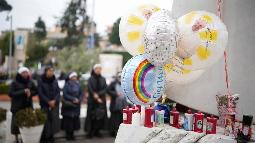 Nuns pray at the Agostino Gemelli Polyclinic, in Rome, Monday, Feb. 24, 2025, where Pope Francis is hospitalized since Friday, Feb. 14.