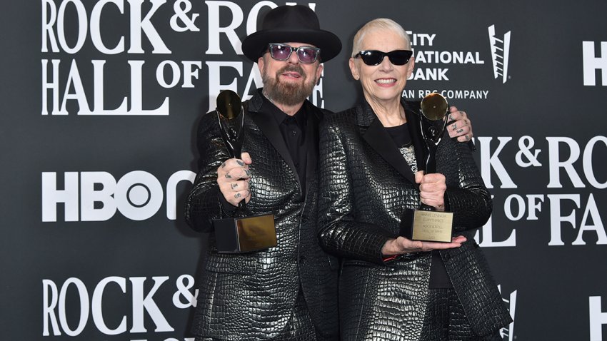 FILE - Dave Stewart, left, and Annie Lennox of Eurythmics pose in the press room during the Rock & Roll Hall of Fame Induction Ceremony on, Nov. 5, 2022, at the Microsoft Theater in Los Angeles.