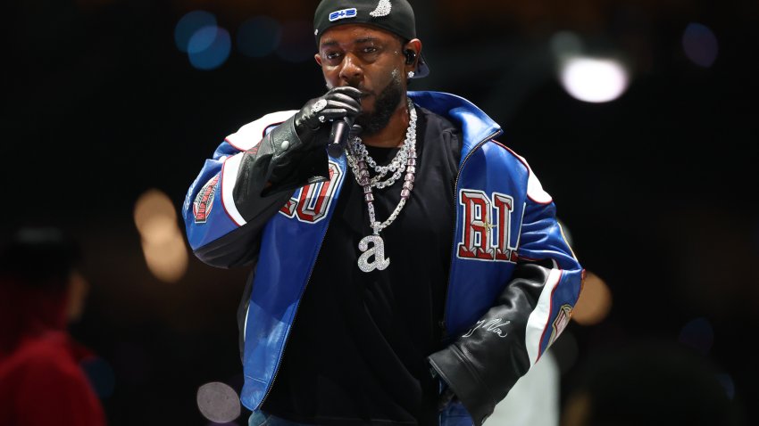 Feb 9, 2025; New Orleans, LA, USA;  Recording artist Kendrick Lamar performs during the halftime show of Super Bowl LIX between the Philadelphia Eagles and the Kansas City Chiefs at Ceasars Superdome. Mandatory Credit: Mark J. Rebilas-Imagn Images