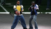 Feb 9, 2025; New Orleans, LA, USA; Recording artist Kendrick Lamar performs during the halftime show of Super Bowl LIX between the Philadelphia Eagles and the Kansas City Chiefs at Ceasars Superdome. Mandatory Credit: Kirby Lee-Imagn Images