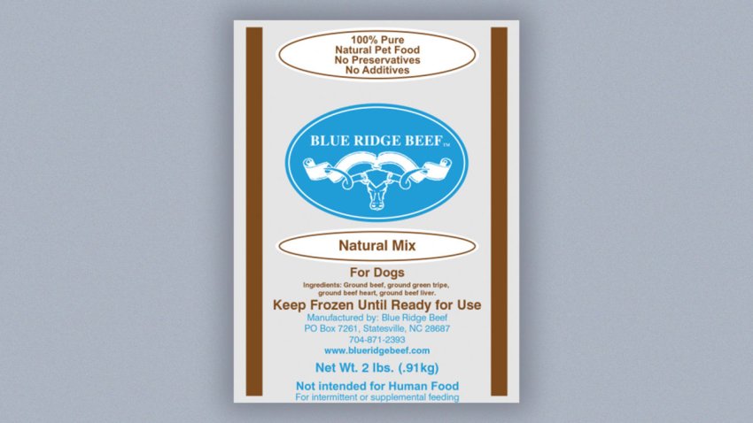 The product label for Blue Ridge Beef’s Natural Mix, a pet food that has been recalled due to contamination with salmonella.