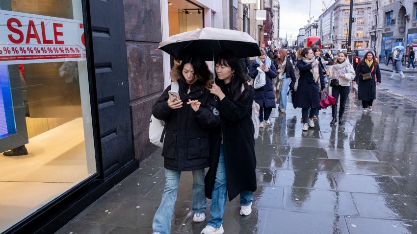 Undiscouraged by the rain, shoppers and visitors out on Oxford Street braving the bad weather from the latest storm using umbrellas on 28th January 2025 in London, United Kingdom. Oxford Street is a major retail centre in the West End of the capital and is Europes busiest shopping street with around half a million daily visitors to its approximately 300 shops, the majority of which are fashion and high street clothing stores. (photo by Mike Kemp/In Pictures via Getty Images)
