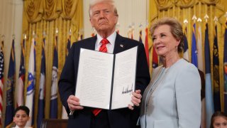 U.S. President Donald Trump poses with U.S. Secretary of Education Linda McMahon after signing an executive order to shut down the Department of Education, during an event in the East Room at the White House in Washington, D.C., U.S., March 20, 2025. 
