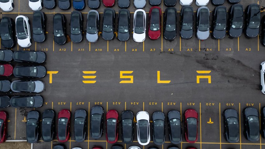 An aerial view of a Tesla dealership on March 20, 2025 in Hamilton, Canada. 