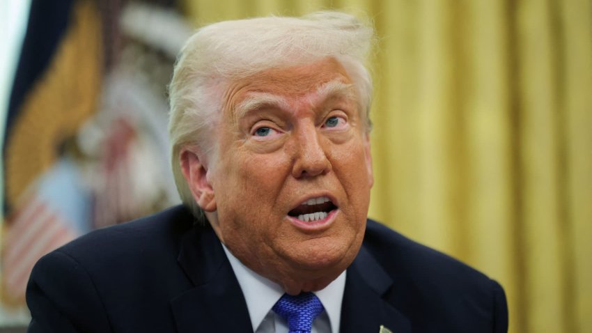 U.S. President Donald Trump delivers remarks in the Oval Office at the White House, in Washington, D.C., U.S., March 21, 2025. 