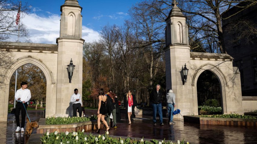 Pedestrians on the campus of Indiana University in Bloomington, Indiana, April 7, 2024.