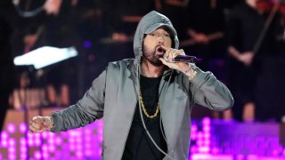 FILE – Eminem performs during “Live From Detroit: The Concert at Michigan Central,” June 6, 2024, in Detroit.