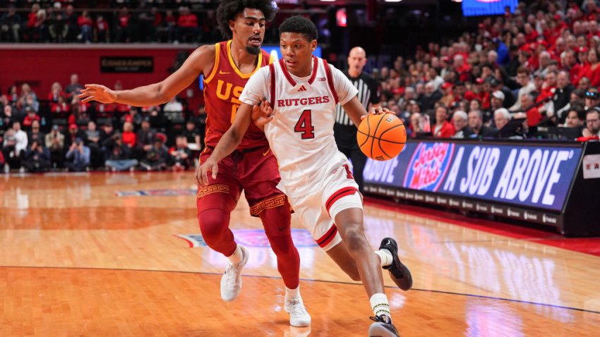 PISCATAWAY, NJ – FEBRUARY 23: Ace Bailey #4 of the Rutgers Scarlet Knights drives the ball against Saint Thomas #0 of the USC Trojans during the first half of the game on February 23, 2025 at Jersey Mikes Arena in Piscataway, New Jersey.  (Photo by Rich Graessle/Icon Sportswire via Getty Images)