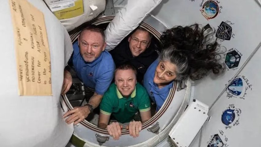 The four crew members of the Crew-9 mission: NASA astronauts Nick Hague, Suni Williams and Butch Wilmore and Roscosmos cosmonaut Aleksandr Gorbunov aboard the International Space Station on Feb. 26.