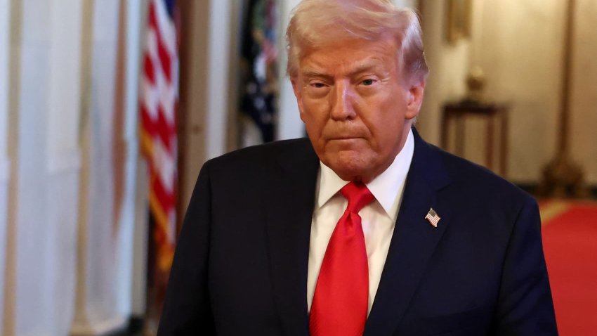 U.S. President Donald Trump arrives for a presentation of the Commander-in-Chief trophy to the U.S. Navy Midshipmen football team of the United States Naval Academy,  at the White House in Washington, D.C., U.S., April 15, 2025.