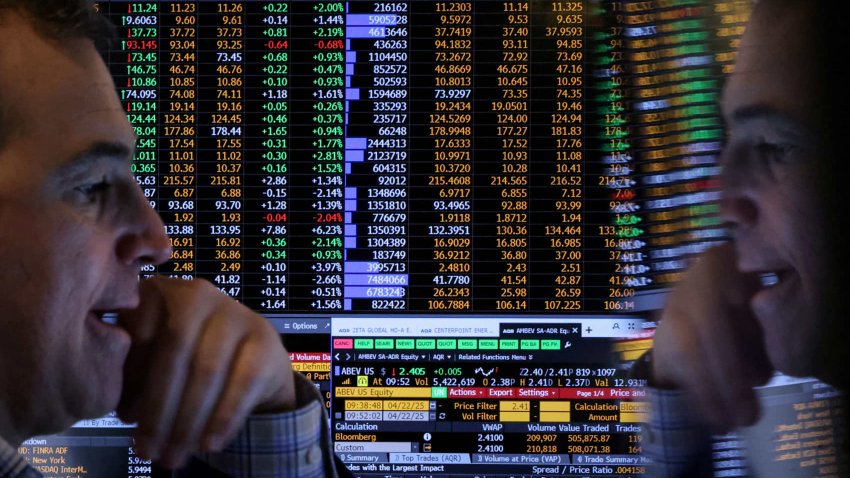 A trader works on the floor at the New York Stock Exchange (NYSE) in New York City, U.S., April 22, 2025.