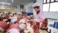 LIANYUNGANG, CHINA – APRIL 11, 2025 – A worker produces plush toys for sale to countries along the Belt and Road at a toy company’s production line in Lianyungang, Jiangsu province, China on April 11, 2025.
