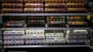 Photo taken on March 28, 2025 shows eggs displayed at a grocery store