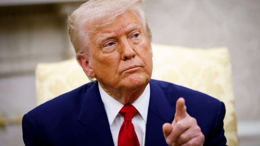 WASHINGTON, DC – APRIL 07: U.S. President Donald Trump takes a question from a member of the media during a meeting with Israeli Prime Minister Benjamin Netanyahu in the Oval Office of the White House on April 7, 2025 in Washington, DC. President Trump is meeting with Netanyahu to discuss ongoing efforts to release Israeli hostages from Gaza and newly imposed U.S. tariffs. (Photo by Kevin Dietsch/Getty Images)