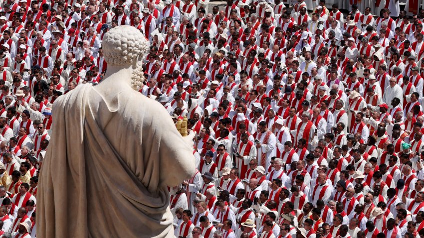 Members of the clergy attend the funeral of Pope Francis in St. Peter’s Square on April 26, 2025 in Vatican City, Vatican. Pope Francis died on April 21st at the age of 88. Born in Argentina as Jorge Mario Bergoglio, he was the first Latin American and the first Jesuit to become Pope when elected in 2013. Taking the name Francis after St Francis of Assisi, he promoted a more humble version of the papacy than many of his predecessors. He will be buried outside of the Vatican in a simple wooden coffin at the Basilica Santa Maria Maggiore. (Photo by Dan Kitwood/Getty Images)