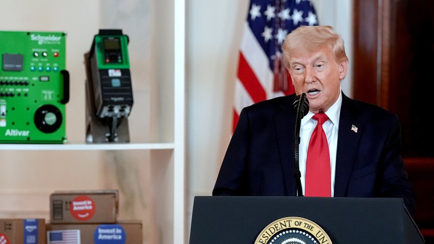 President Donald Trump speaks in the Cross Hall of the White House, April 30, 2025.
