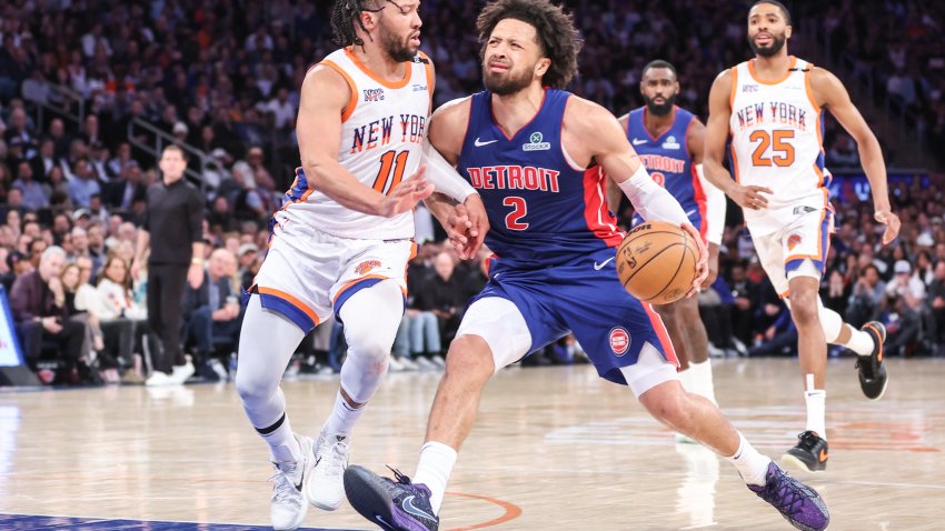 Apr 29, 2025; New York, New York, USA; Detroit Pistons guard Cade Cunningham (2) drives against New York Knicks guard Jalen Brunson (11) in the fourth quarter during game five of first round for the 2025 NBA Playoffs at Madison Square Garden. Mandatory Credit: Wendell Cruz-Imagn Images