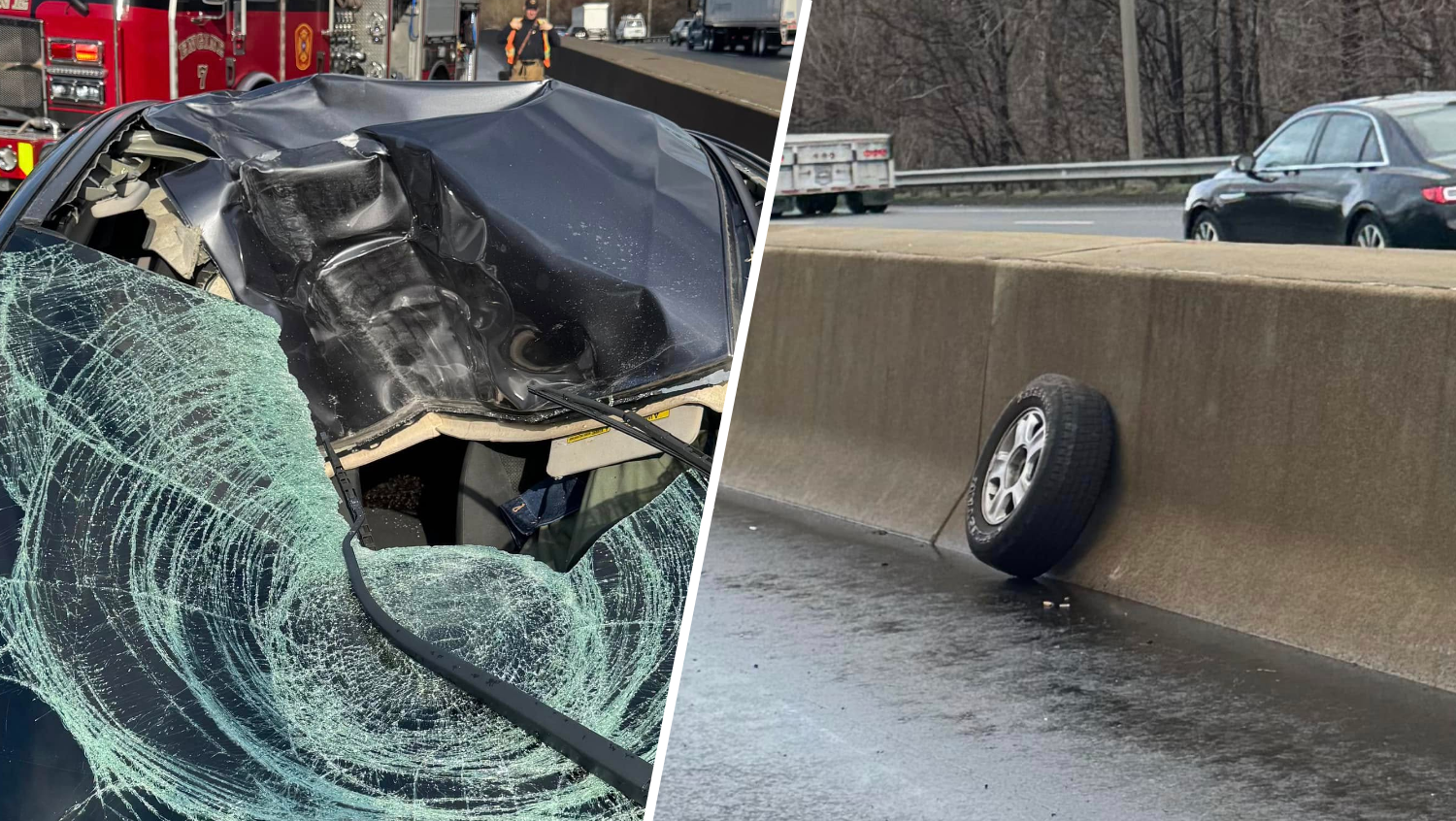 Stray tire slams into automobile on I-95 in Milford, Conn. Stray tire slams into automobile on I-95 in Milford, Conn.