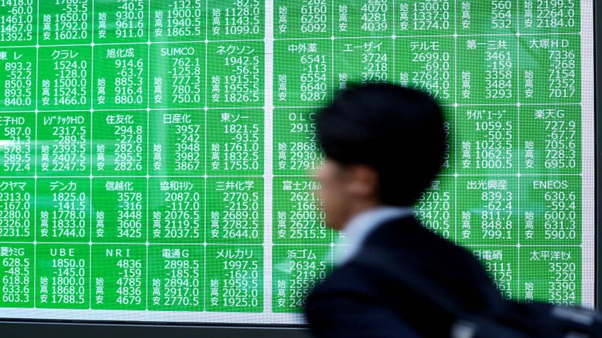 A man walks past an electronic board showing the Nikkei 225 index on the Tokyo Stock Exchange along a street in Tokyo on April 7, 2025. 